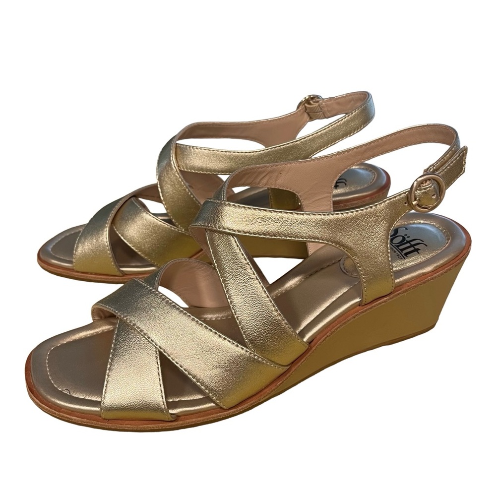 NEW Sofft Crisscross Gold Leather Sz 11 Strappy Wedge Heel Sandals